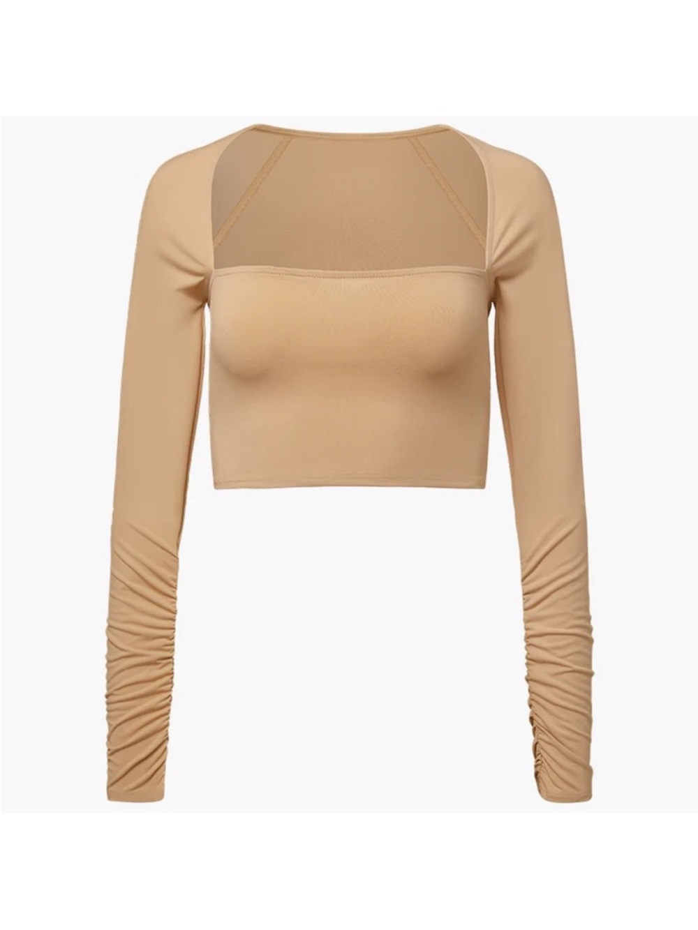 WeWoreWhat Beige Long Sleeve Cropped Mesh Yoke Top